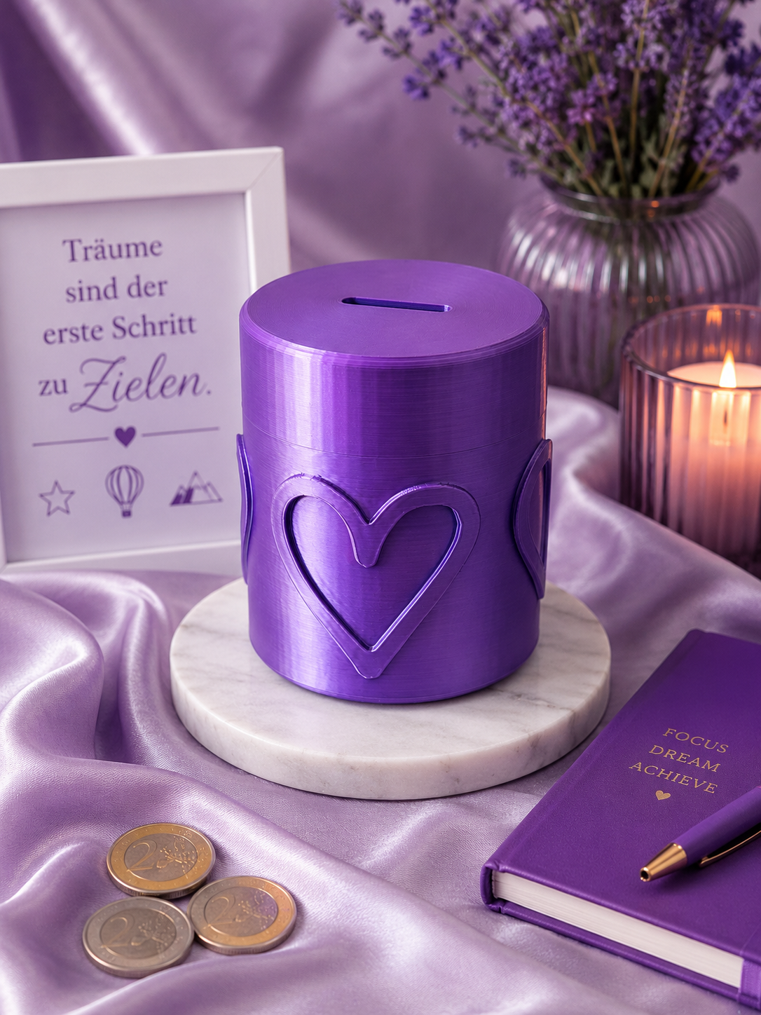 💜 Tirelire violette en soie – Vive la créativité